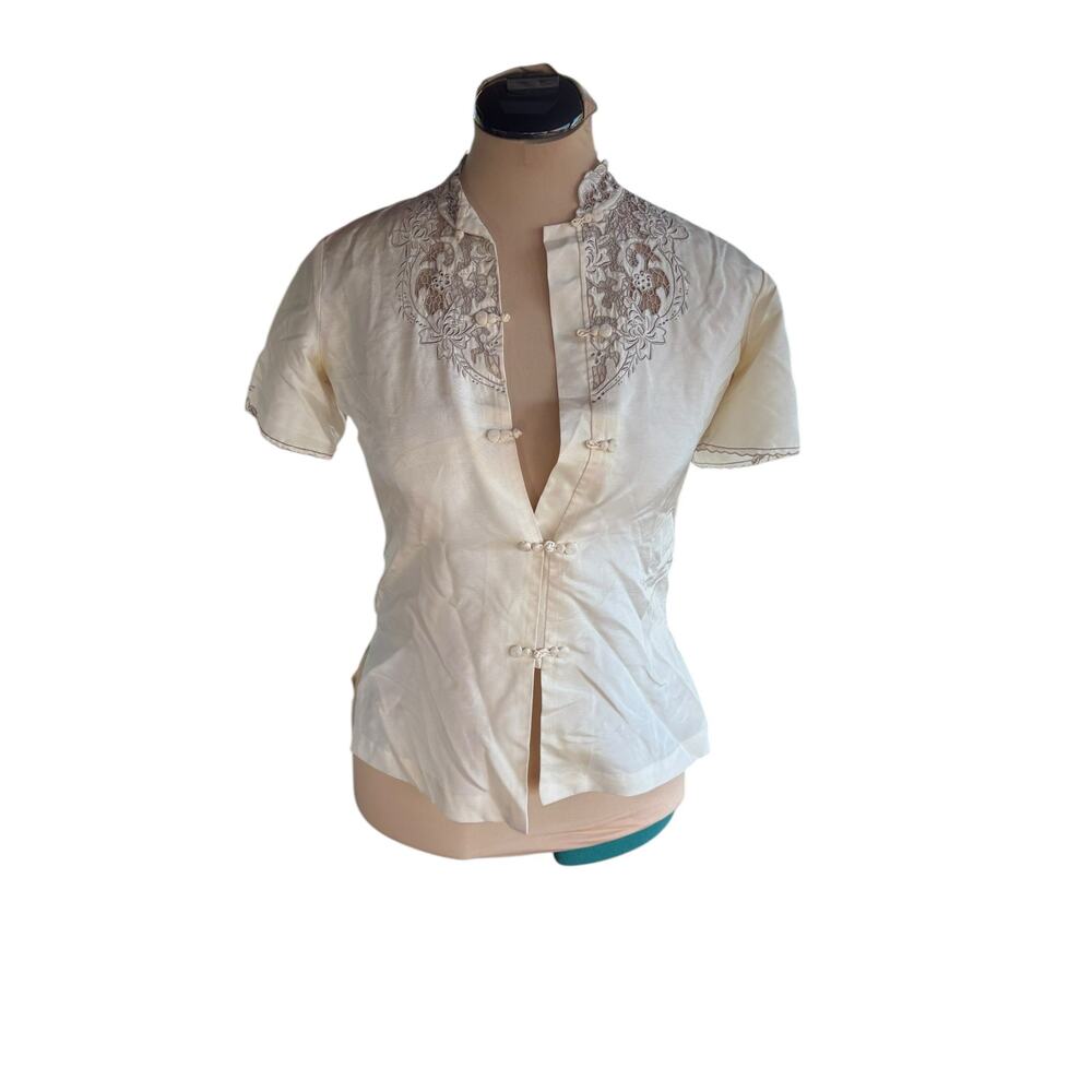 Silk Shirt - Sz S/M - Classic, Preppy, Ivory, Lace, Chinese Frog Clasp, Office
